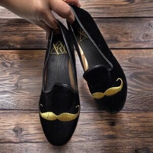 Velvet Mustache Loafers Black Gold Embroidered Flats Quirky Dark Academia Size 8